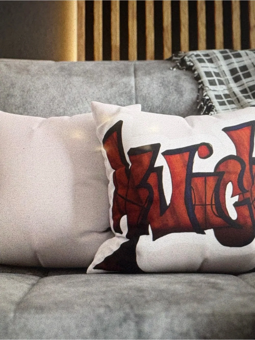White Decorative Throw Pillow with Red Graffiti Design